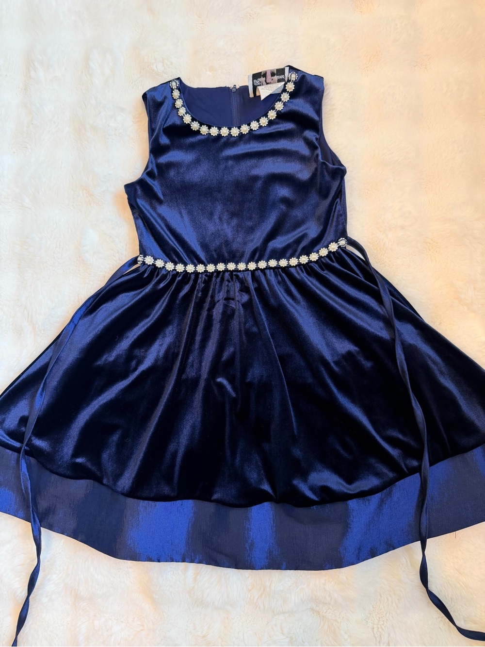 Rare Editions Navy Blue Sleeveless Girls Party Dress with Floral Gem Trim